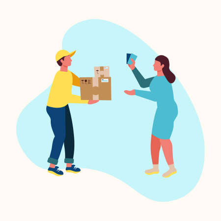 Delivery of goods from an online store, a man delivers a box with purchases, a girl pays with moneyのイラスト素材
