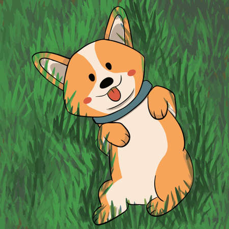 Corgi lies on her back and smiles, against the background of her meadows and fieldsのイラスト素材