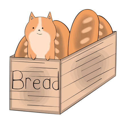 The cat climbed into the box with bread on the box the inscription breadのイラスト素材