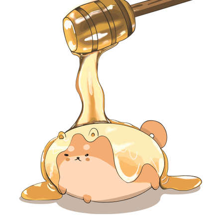 Sweet angry gentle cat lies on its tummy and is poured with honeyのイラスト素材