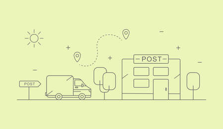 Delivery truck and two markers and post office buildingのイラスト素材