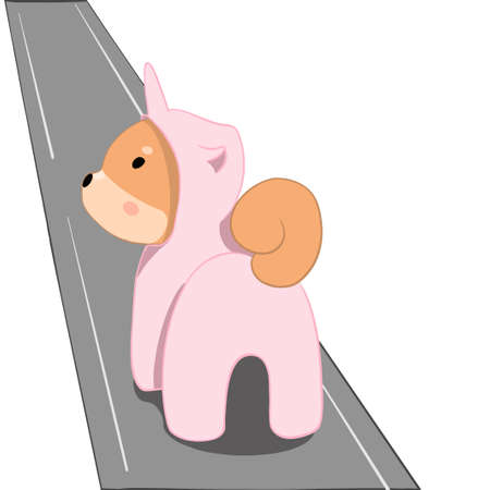 Shiba inu dog walks along the road and looks to the side she is dressed as a pink unicornのイラスト素材