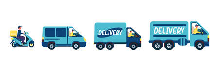 Delivery transport motorcycle with driver, car and two large delivery vehiclesのイラスト素材