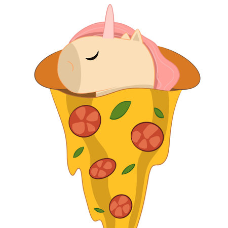 Cute unicorn sleeps covered with vegan pizzaのイラスト素材