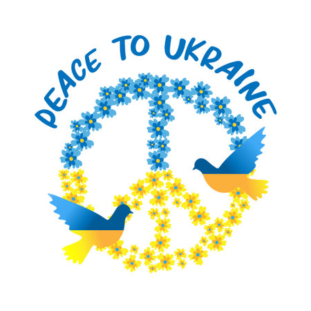 peace sign in blue and yellow colors and doves of peace support for ukraine for peace in ukraineのイラスト素材