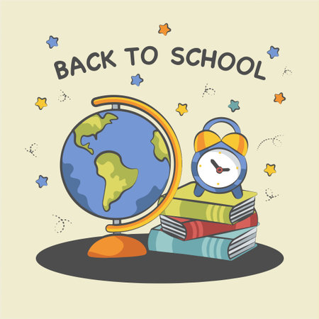 back to school background composition from globe of books and alarm clockのイラスト素材