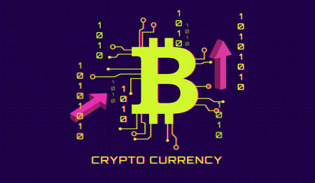 the inscription cryptocurrency on a background of dots with a decorative bitcoin sign with elements of code chips and the effect of system failureのイラスト素材