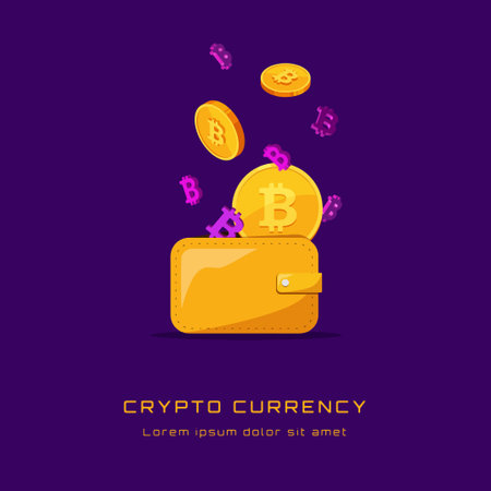 inscription cryptocurrency and bitcoin-coins in isometric style flying out of the wallet along with volume signs bitcoinのイラスト素材