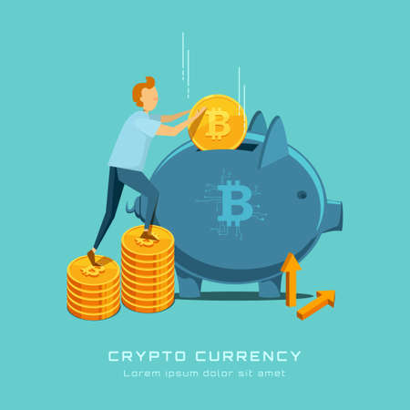 a bitcoin piggy bank into which a guy throws coins while climbing a ladder from stacks of bitcoin coins and arrowsのイラスト素材