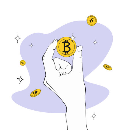 ok gesture in the center of which bitcoin coin against the background of freeforms asterisks and coins in the sketch styleのイラスト素材