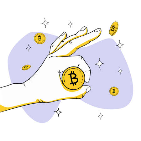 ok gesture in the center of which is a bitcoin coin illustration on the theme of cryptocurrencyのイラスト素材