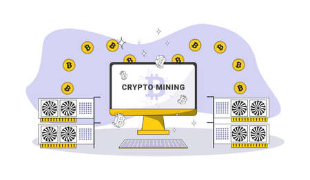 desktop and graphic cards mining process cryptocurrencies with bitcoin coins with 3d bitcoin symbols and asterisksのイラスト素材
