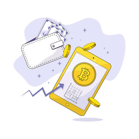 a tablet on the screen of which is a bitcoin coin and an infographic next to coins and a wallet with dollar bills and asterisks aroundのイラスト素材