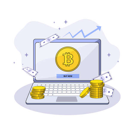 bitcoin coin and buy now button on laptop display stacks of coins and dollar bills on laptopのイラスト素材
