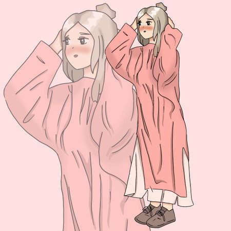 beautiful cute girl with blond hair in a dress and sneakers animeのイラスト素材