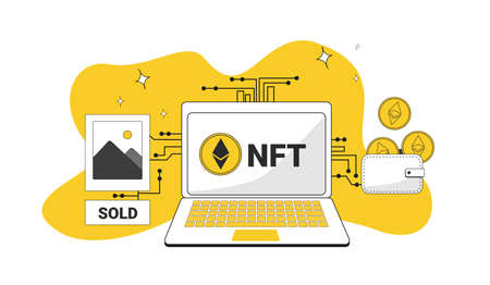The inscriptions nft and sold on the laptop display and pop-up windows crypto wallet ethereum with elements of chipsのイラスト素材