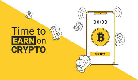 a smartphone on the display of which a bitcoin coin is a timer and a buy now button and typography is the time to earn on the crypt with bitcoin volume signs hovering aroundのイラスト素材