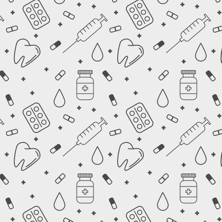 medical patern with images of drops and pills of syringes and pictures of a toothのイラスト素材