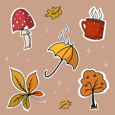 set of autumn stickers mushroom fly agaric cup with hot drink umbrella with raindrops tree and autumn leavesのイラスト素材