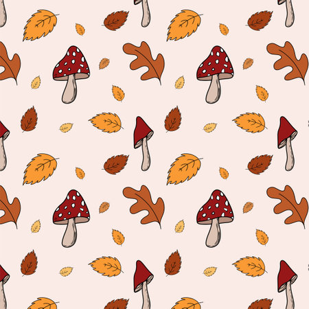 pattern on the autumn theme forest mushrooms and leavesのイラスト素材