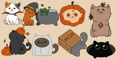 Cute pack of cats who were dressed for the Halloween celebrationのイラスト素材