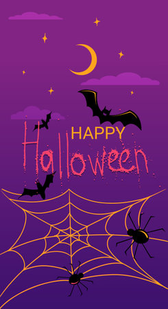 text Happy Halloween on the background of the night starry sky with clouds bats and cobwebs with spidersのイラスト素材