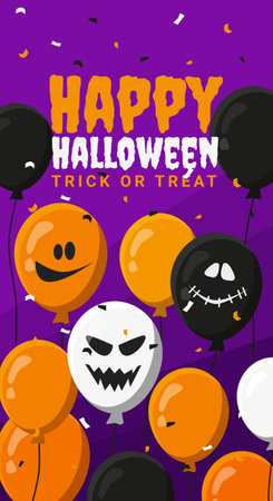 text Happy Halloween and trick or treat balloons and confettiのイラスト素材