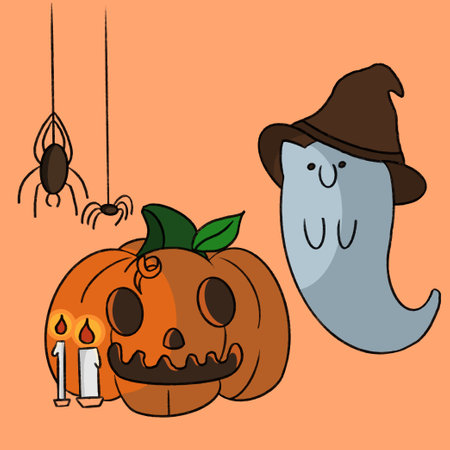 a ghost cat in a witchs hat flies next to a pumpkin and scheviのイラスト素材