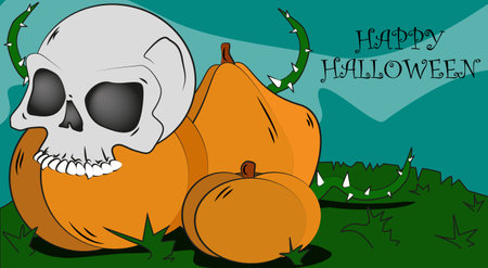 card with pumpkins and skull for halloweenのイラスト素材