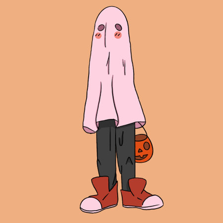 a boy in a ghost costume goes to collect sweets for halloween illustrationのイラスト素材