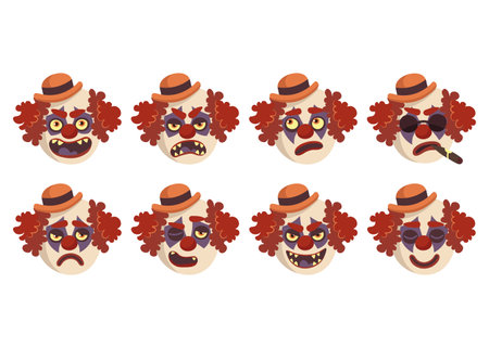 flat set of vector evil clown emotions halloweenのイラスト素材