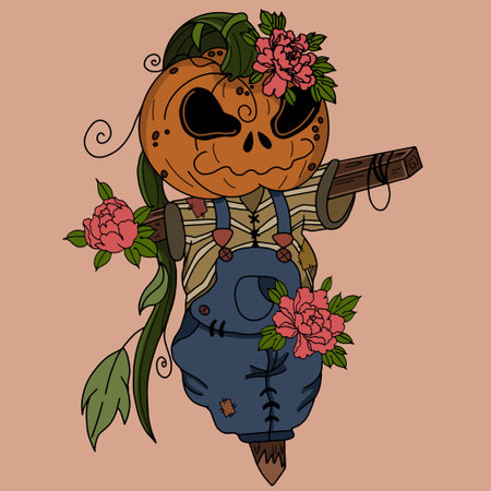 scarecrow with pumpkin head in flowers halloween illustrationのイラスト素材