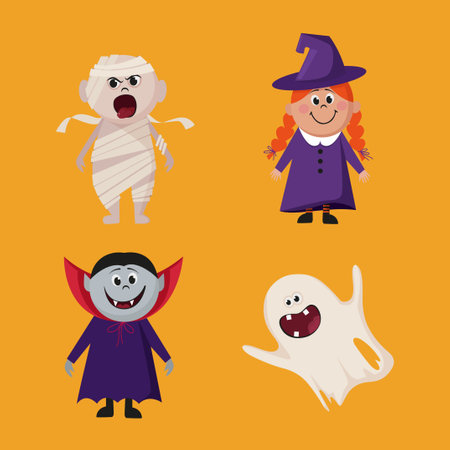 cartoon characters on halloween witch dracula mummy and ghostのイラスト素材
