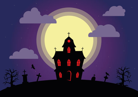 halloween scary dark house with red windowsのイラスト素材