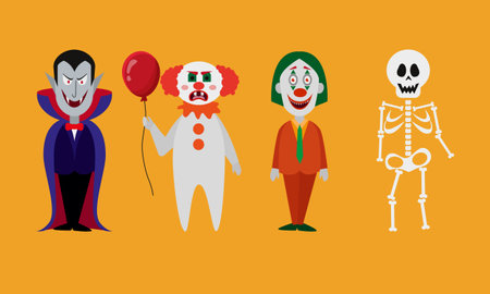 Characters on Halloween Joker Dracula Evil Clown and Skeletonのイラスト素材