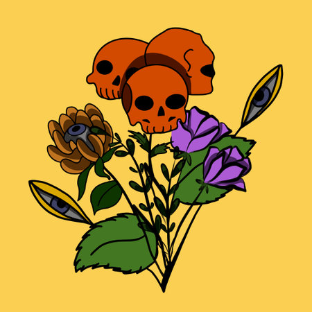 herbarium of skulls and scary flowers halloween illustrationのイラスト素材