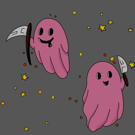 pink ghost with scythe and knife cute halloween illustrationのイラスト素材