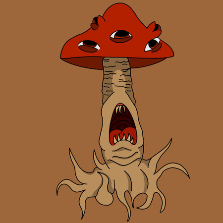 mushroom mutant monster with sharp teeth and tentacles halloweenのイラスト素材