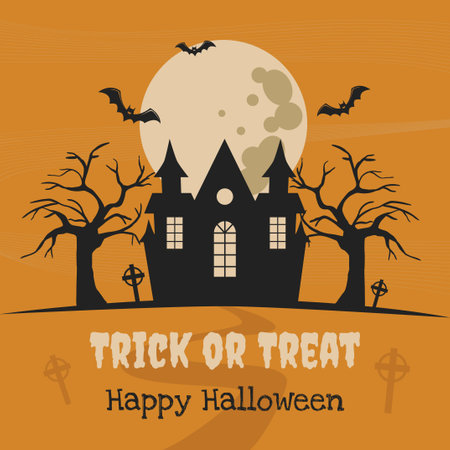 Lettering Happy Halloween and Trick or Treat Haunted house on grave hill and trees on full moon backgroundのイラスト素材