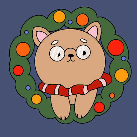 dog climbed into a christmas wreath with balloons illustrationのイラスト素材