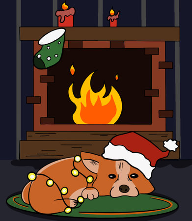 corgi in a christmas hat lies warming by the fireplace illustrationのイラスト素材