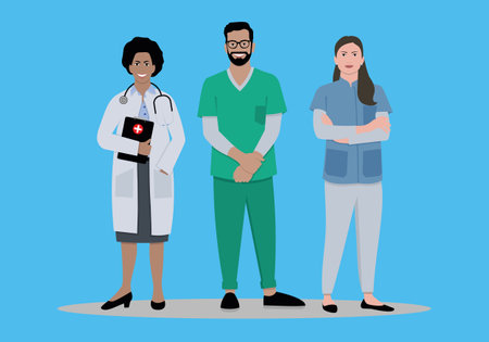 Three doctors stand on a blue background, wearing different clothes.のイラスト素材