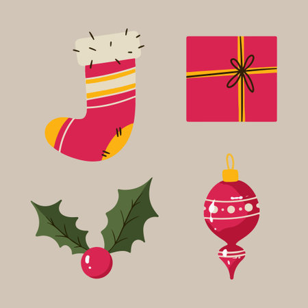 cartoon christmas elements santa sock gift christmas tree toy and christmas berryのイラスト素材