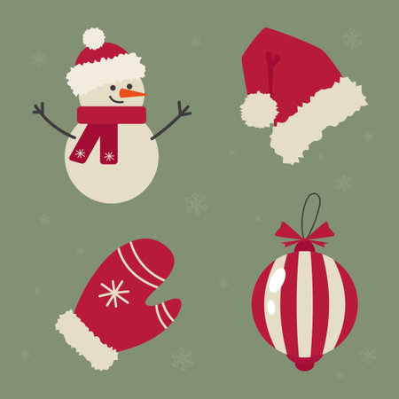 collection of cartoon christmas elements santa hat snowman christmas toy and mittenのイラスト素材