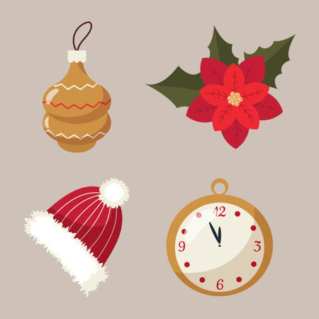 set of christmas elements clock christmas toy poinsettia flower and warm hat with white pompomのイラスト素材