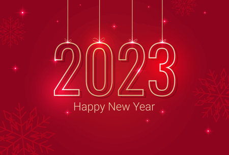 inscription 2023 Happy New Year on a red background with sparkles and snowflakesのイラスト素材
