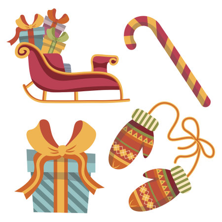 christmas flat vector set of new year images, sleigh, gloves, christmas candyのイラスト素材