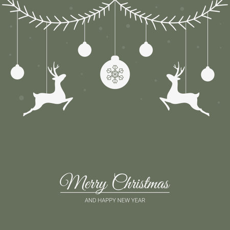 text merry christmas and happy new year christmas decorations balls and deers hanging on fir branchesのイラスト素材