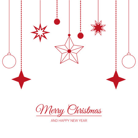 lettering Merry Christmas and Happy New Year Christmas toys hanging on pendants balls and starsのイラスト素材