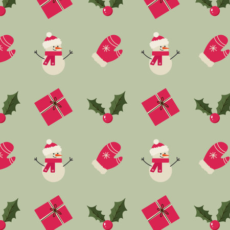 christmas pattern with snowman gifts christmas berry and mittens
